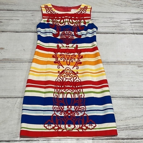 Anthropologie Tabitha Dress Banded Totem Stripes Embroidered Sheath Size 4 - Picture 2 of 16
